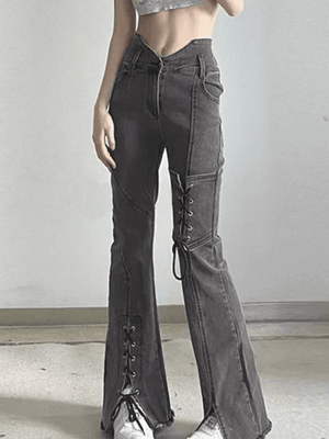 Jean évasé fendu patchwork à lacets-Jeans-MAUV STUDIO-STREETWEAR-Y2K-CLOTHING