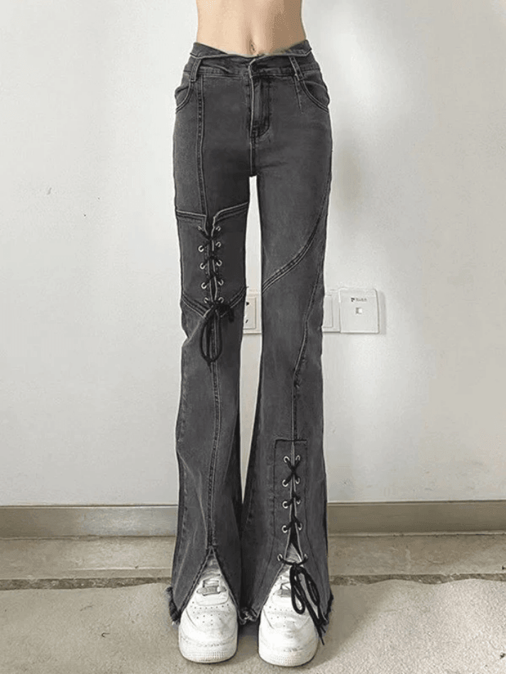 Jean évasé fendu patchwork à lacets-Jeans-MAUV STUDIO-STREETWEAR-Y2K-CLOTHING