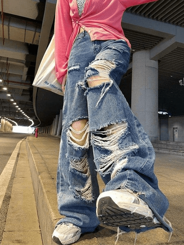 Jean super déchiré taille haute-Jeans-MAUV STUDIO-STREETWEAR-Y2K-CLOTHING