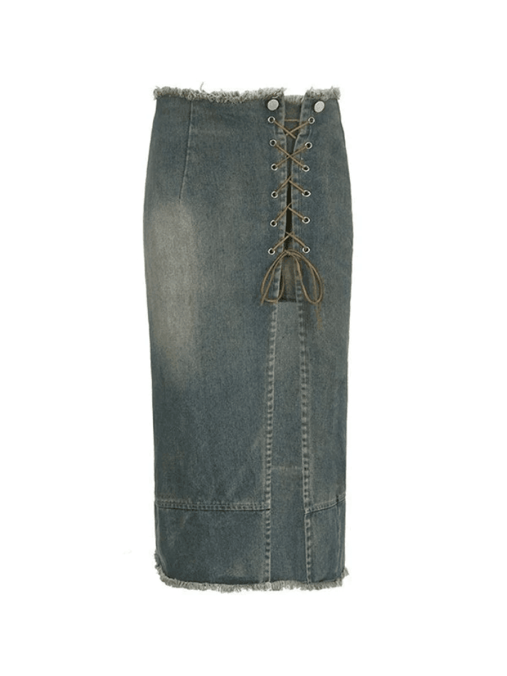 Jupe en jean cargo fendue à lacets patchwork-Skirts-MAUV STUDIO-STREETWEAR-Y2K-CLOTHING