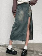 Jupe en jean cargo fendue à lacets patchwork-Skirts-MAUV STUDIO-STREETWEAR-Y2K-CLOTHING
