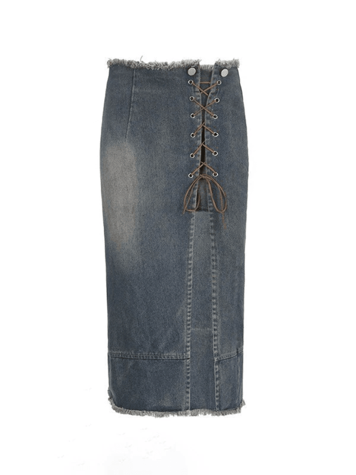 Jupe en jean déchirée fendue sur le devant-Skirts-MAUV STUDIO-STREETWEAR-Y2K-CLOTHING