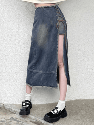 Jupe en jean déchirée fendue sur le devant-Skirts-MAUV STUDIO-STREETWEAR-Y2K-CLOTHING