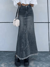 Jupe longue en jean patchwork fendue au dos-Skirts-MAUV STUDIO-STREETWEAR-Y2K-CLOTHING