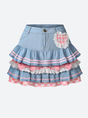 Kawaii Layered Denim Mini Skirt-Mauv Studio