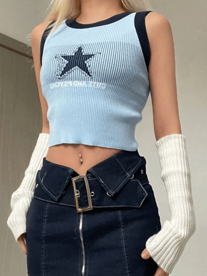 Knitted Star Cropped Tank Top-Tank Tops-MAUV STUDIO-STREETWEAR-Y2K-CLOTHING