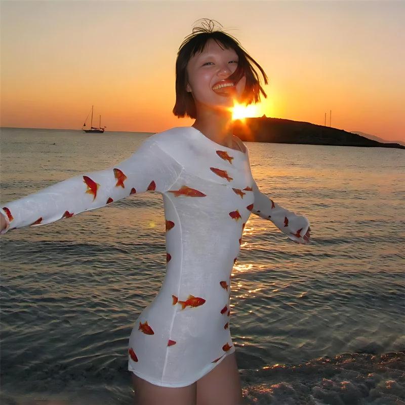 Koi Fish Printed Mesh Mini Dress MAUVSTUDIO Koi Fish Printed Mesh Mini Dress MAUVSTUDIO
