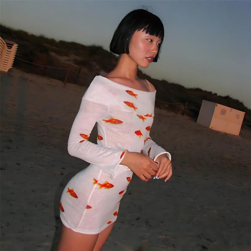 Koi Fish Printed Mesh Mini Dress MAUVSTUDIO Koi Fish Printed Mesh Mini Dress MAUVSTUDIO