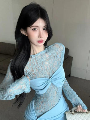 Lace Ruched Mini Dress view 4 | MAUVSTUDIO®
