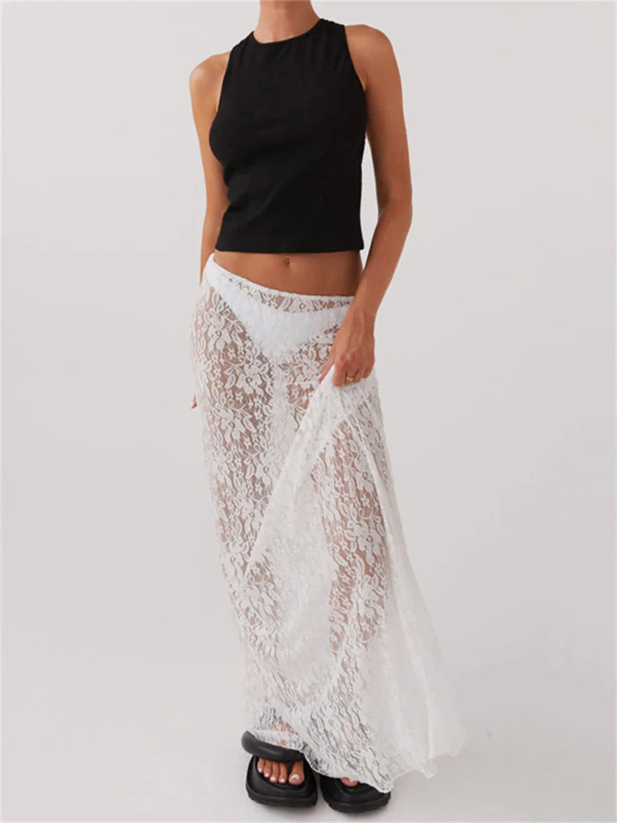 Lace Sheer Low Rise Maxi Skirt-Mauv Studio