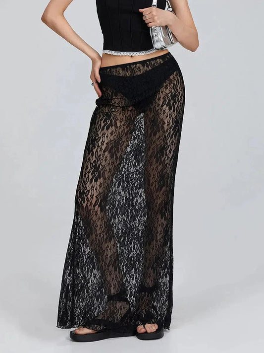 Lace Sheer Low Rise Maxi Skirt-Mauv Studio