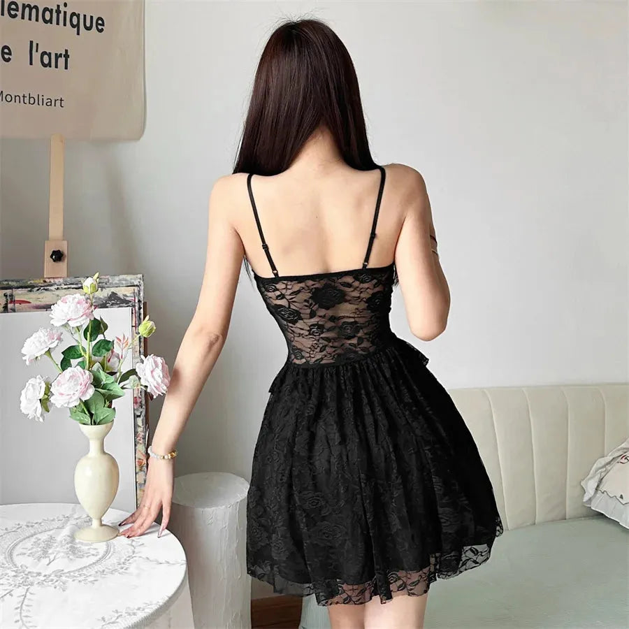 Lace Sheer Mini Dress view 2 | MAUVSTUDIO®