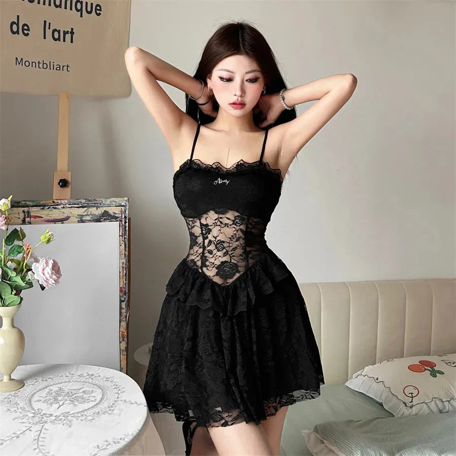 Lace Sheer Mini Dress view 4 | MAUVSTUDIO®
