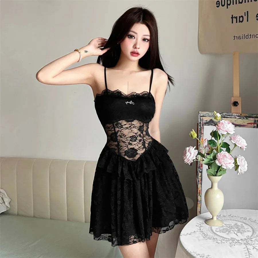 Lace Sheer Mini Dress view 8 | MAUVSTUDIO®