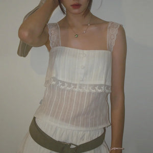 Lace Strap Sheer Top with lace trim, Y2K tube top styled with low rise bottoms