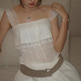 Lace Strap Sheer Top with lace trim, Y2K tube top styled with low rise bottoms