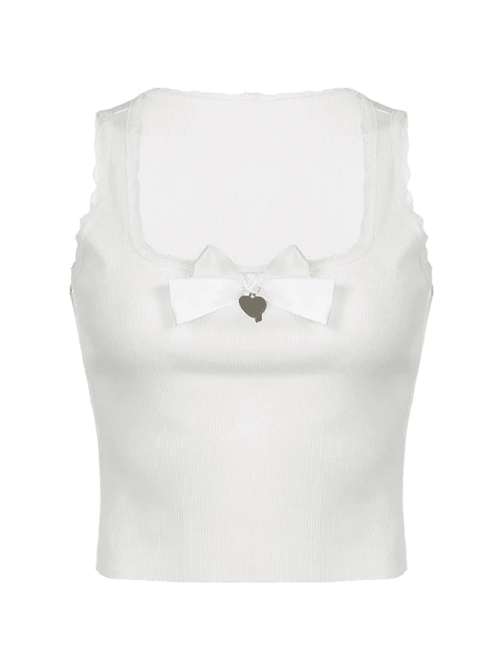 Lace Trim Bow White Tank Top-Tank Tops-MAUV STUDIO-STREETWEAR-Y2K-CLOTHING