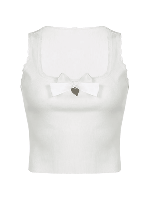 Lace Trim Bow White Tank Top-Tank Tops-MAUV STUDIO-STREETWEAR-Y2K-CLOTHING