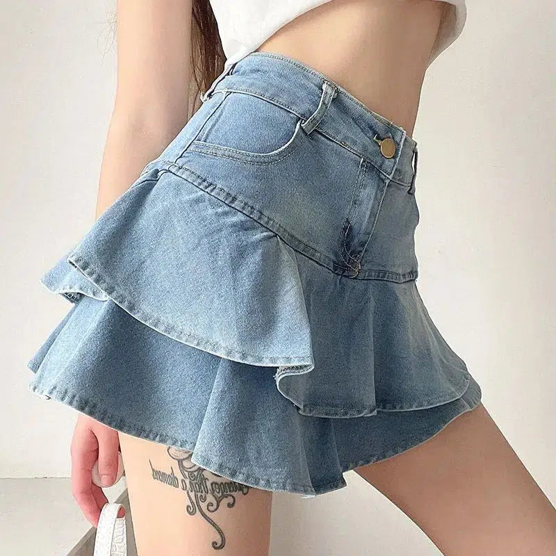 Layered Ruffled Denim Mini Skirt-Mauv Studio