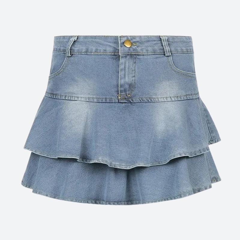 Layered Ruffled Denim Mini Skirt-Mauv Studio