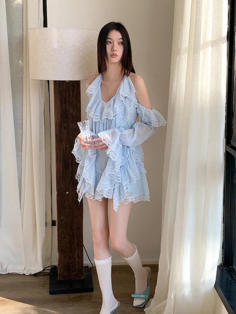 layered ruffle mini dress Ruffled Light Blue / S strapless summer dress A line formal dress flocked tiered ruffled skirt Size:UK 11 / US 12