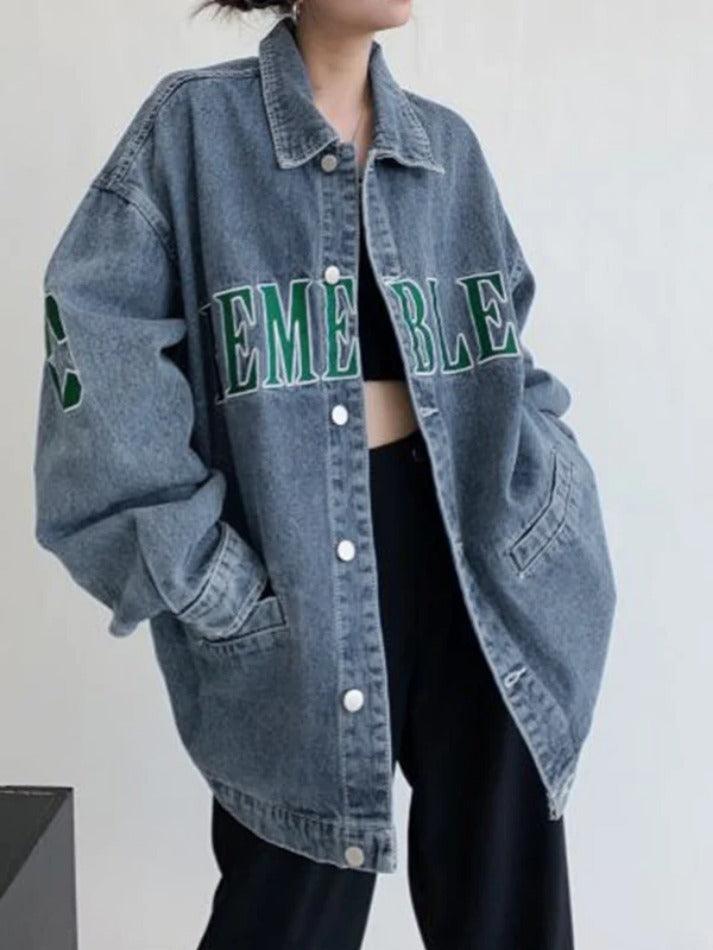 Letter Embroidery Oversized Denim Jacket-Jackets-MAUV STUDIO-STREETWEAR-Y2K-CLOTHING