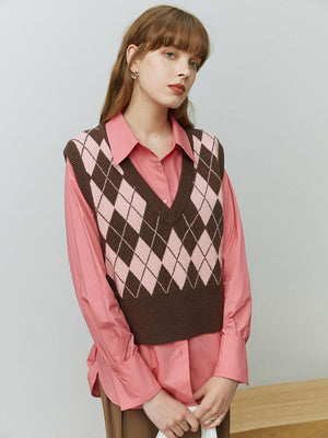 Light Academia Argyle Sweater Vest-Pink-XS-Mauv Studio