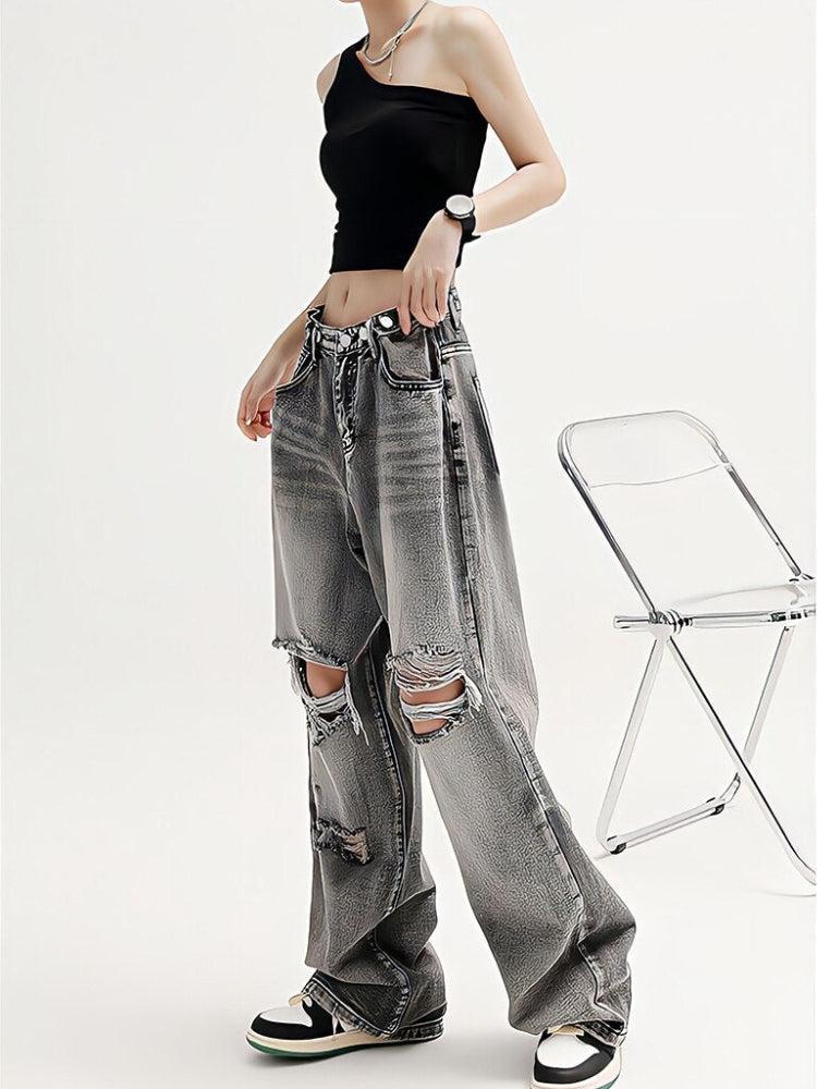 Light Wash Low Rise Ripped Jeans-MAUV STUDIO