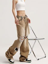 Light Wash Low Rise Ripped Jeans-Khaki-S-MAUV STUDIO