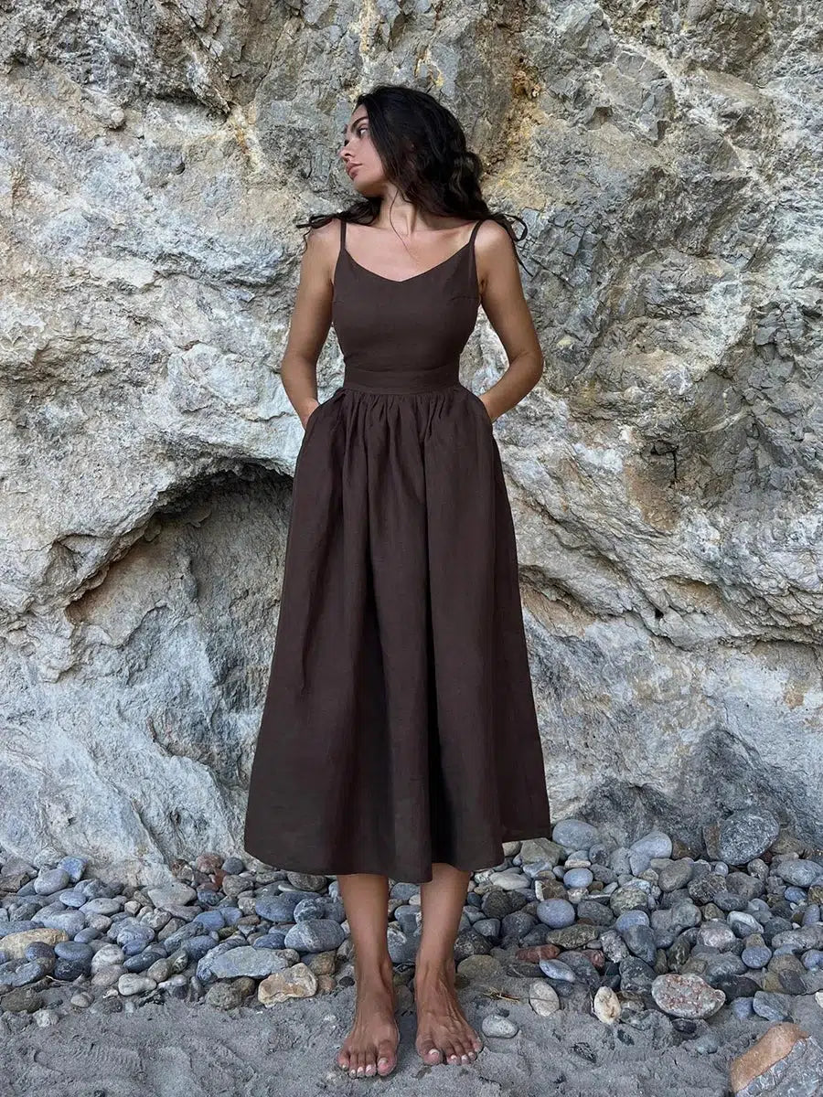 Linen Midi Dress Brown / S