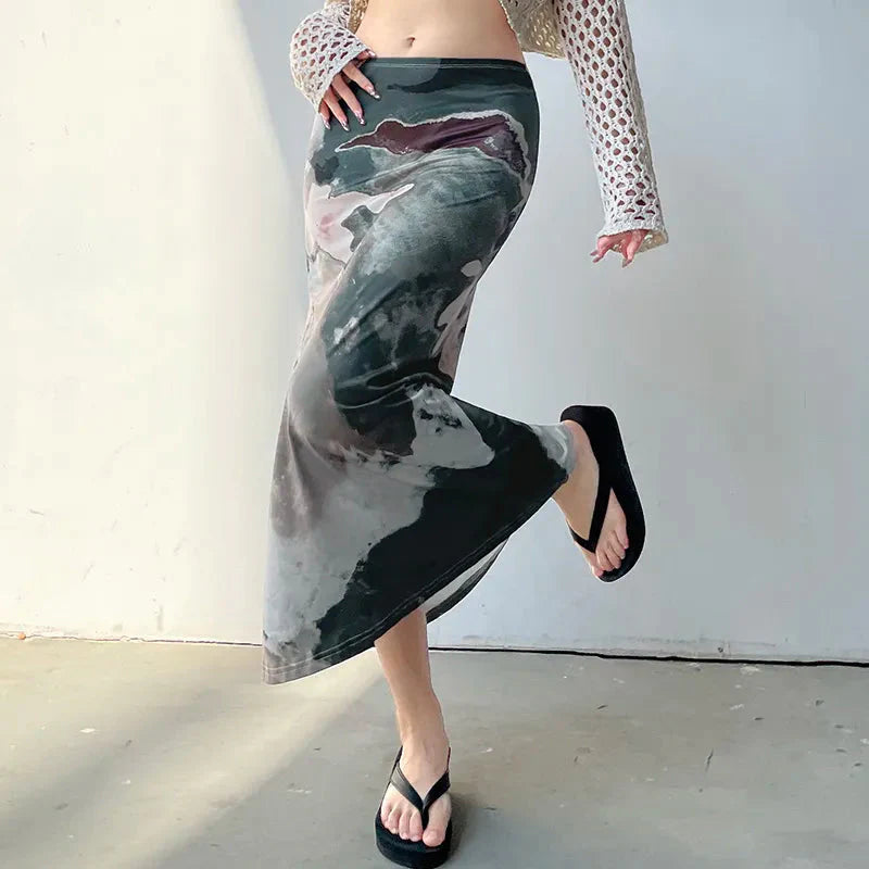 Low Rise Graphic Printed Midi Skirt-Mauv Studio