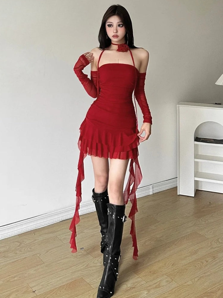 Mesh Ruffled Strapless Mini Dress view 3 | MAUVSTUDIO®