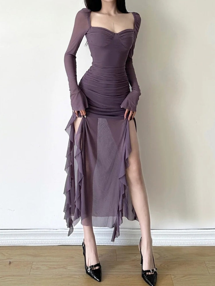 Mesh Split Midi Dress view 3 | MAUVSTUDIO®