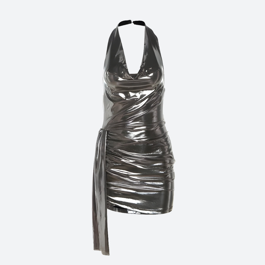 Metallic Halter Neck Mini Dress view 3 | MAUVSTUDIO®