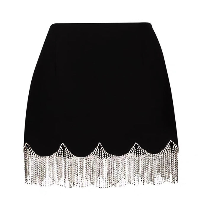 Midnight Rhinestone Fringe Skirt-Skirts-MAUV STUDIO-STREETWEAR-Y2K-CLOTHING