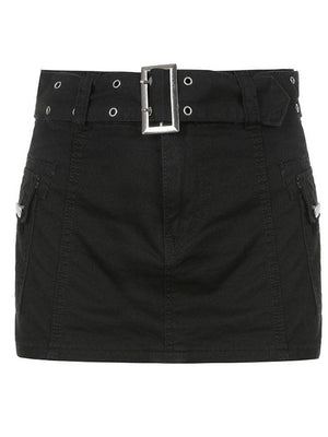 Mini-jupe en jean taille basse avec ceinture à boucle-Skirts-MAUV STUDIO-STREETWEAR-Y2K-CLOTHING
