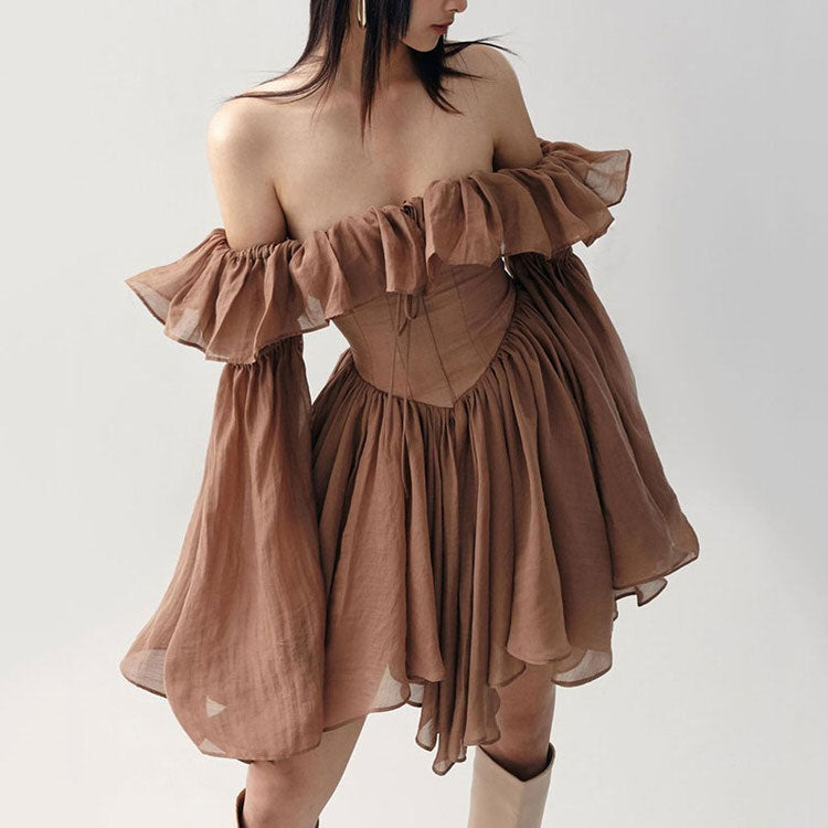 brown short dress GIESSO Women's Short Dresses Solid Ruched Bust Cami Flared Short Dress Sleeveless Brown, X-Small at Amazon Women's Clothing store