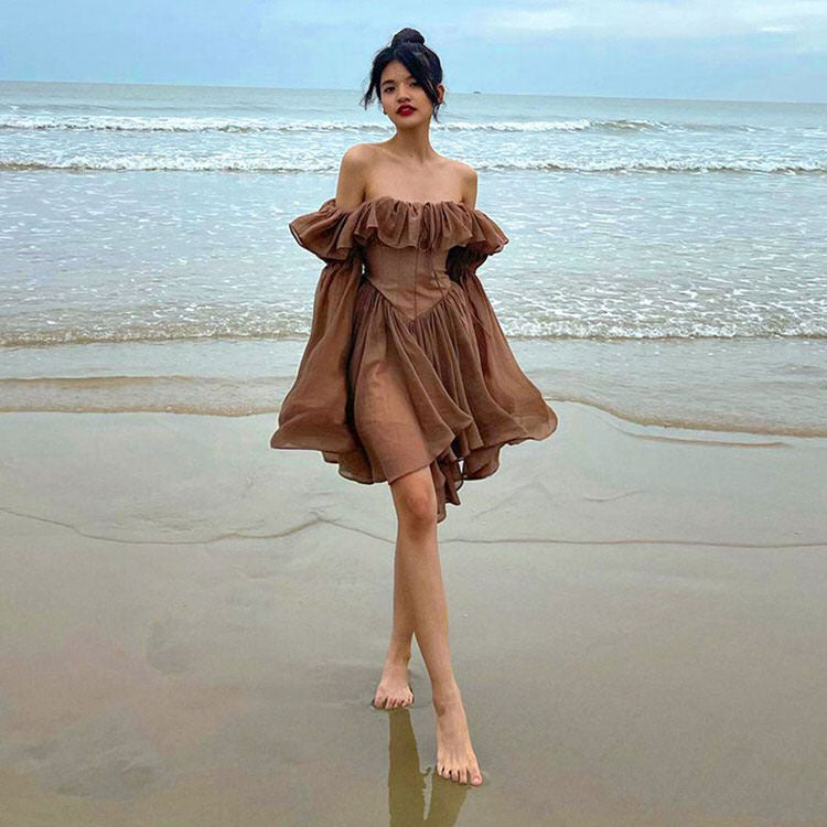 knee length dresses for ladies Pisano Layered Lace Mini Dress in Brown – Isalis
