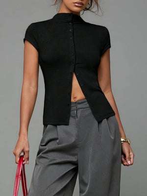 Mock Neck Button Top with ribbed knit, Y2K top styled with low rise bottoms