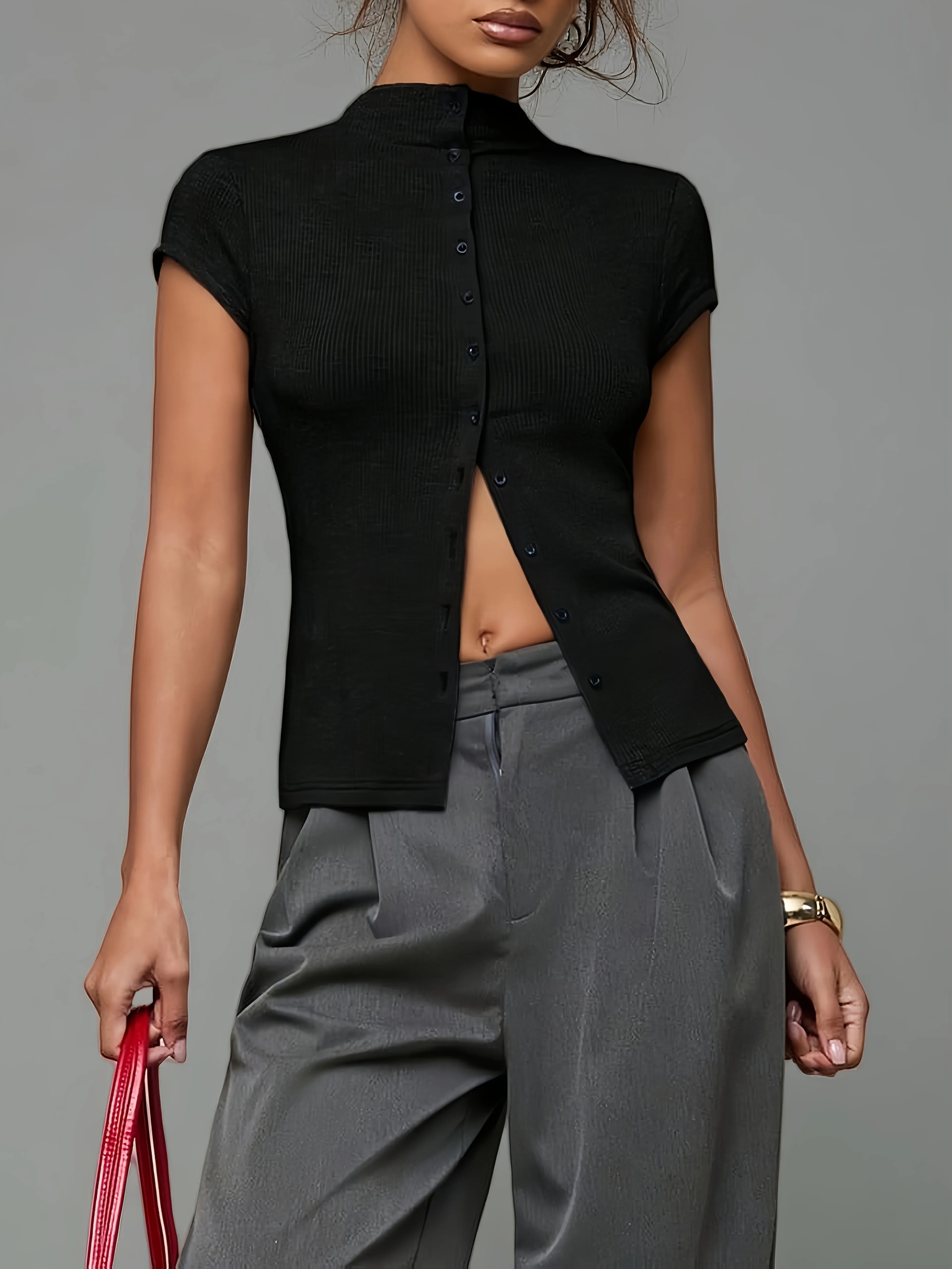 Mock Neck Button Top with ribbed knit, Y2K top styled with low rise bottoms