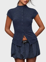 Mock Neck Button Top with ribbed knit, Y2K top styled with low rise bottoms