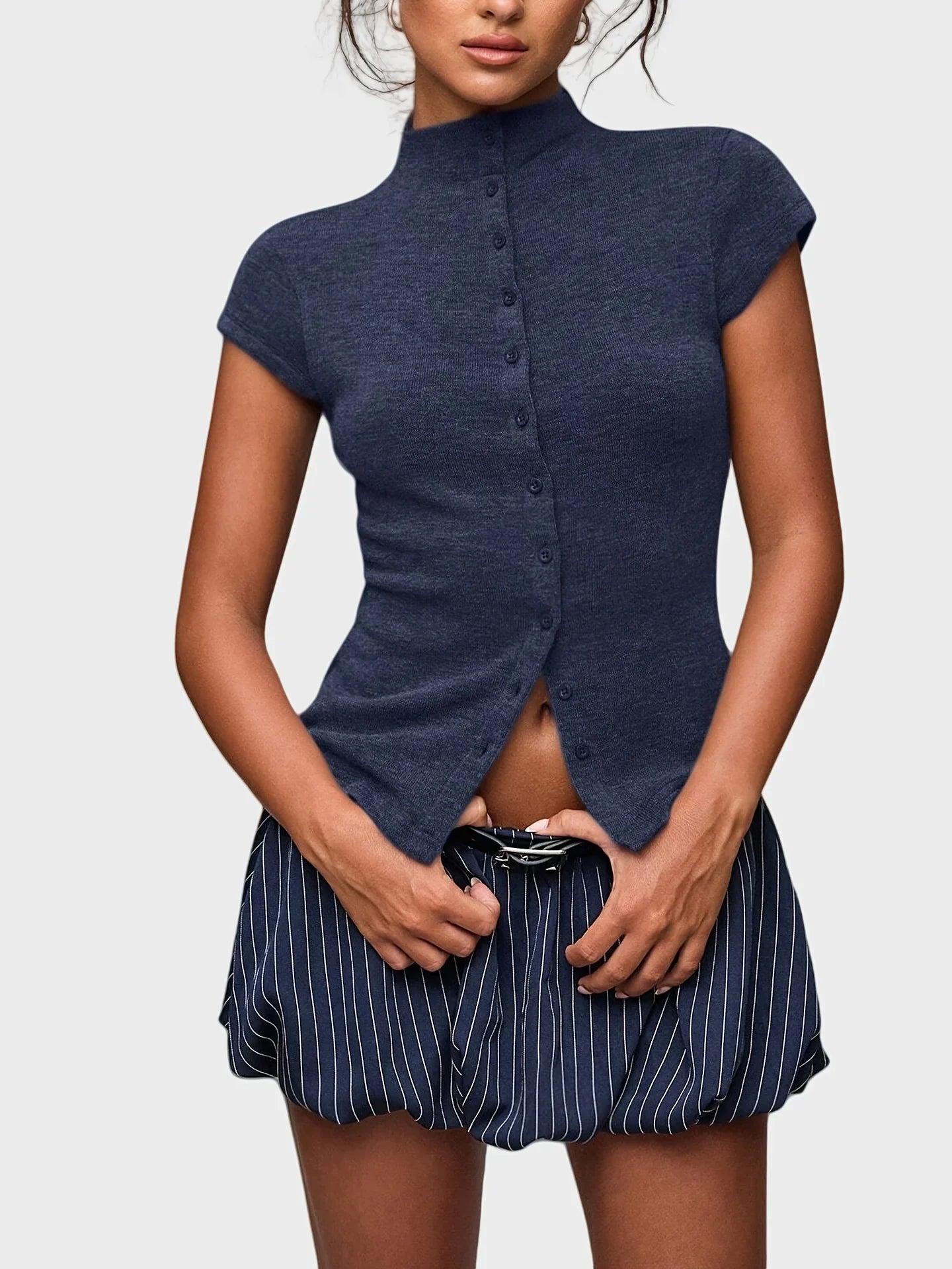 Mock Neck Button Top with ribbed knit, Y2K top styled with low rise bottoms
