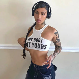 My Body Not Yours Tee with cropped cut, Y2K graphic tee styled with low rise bottoms