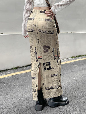 Newspaper Printed Maxi Skirt-Mauv Studio