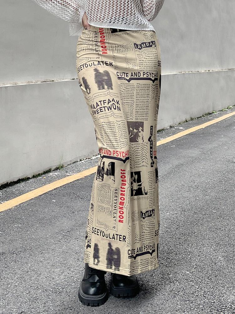 Newspaper Printed Maxi Skirt-Mauv Studio