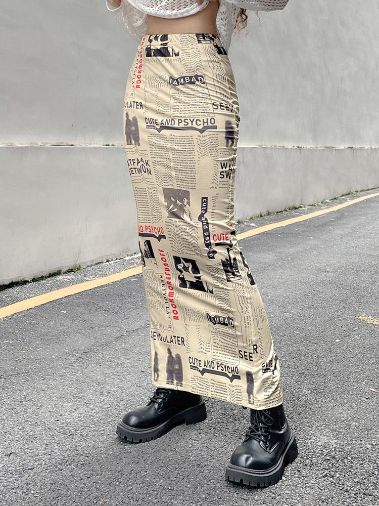 Newspaper Printed Maxi Skirt-Mauv Studio