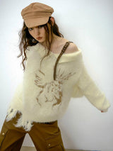 Off Shoulder Distressed Knit Sweater-Beige-S-Mauv Studio