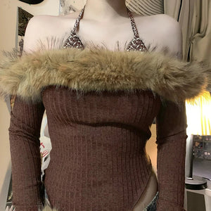 Off Shoulder Faux Fur Top – MAUVSTUDIO®