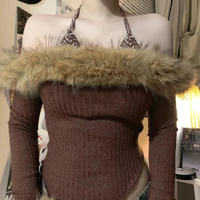 Off Shoulder Faux Fur Top – MAUVSTUDIO®