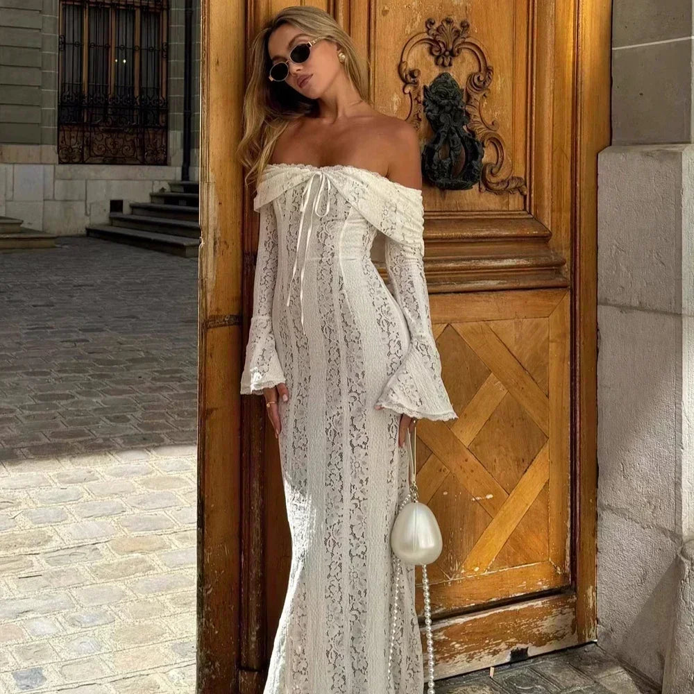 Off-Shoulder Lace Maxi Dress view 12 | MAUVSTUDIO®